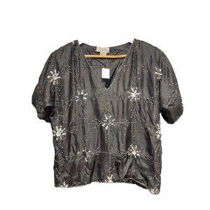 SND Vintage Blouse Women M Black Silk Sequin Beads Disco Witchy Whimsigoth Glam